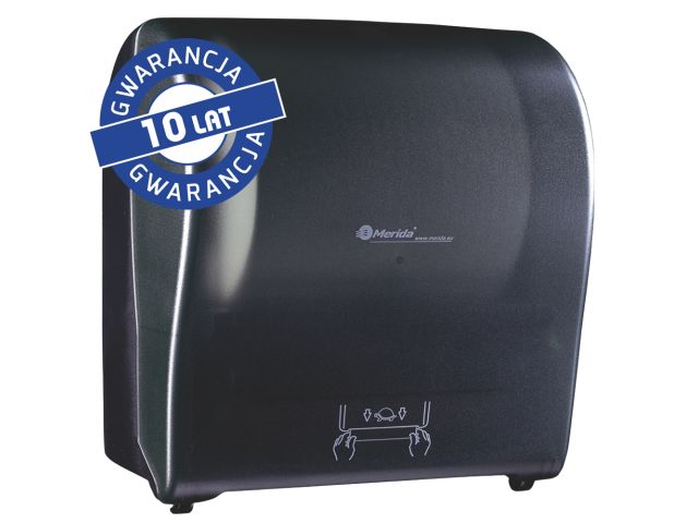 Mechaniczny podajnik ręczników papierowych w rolach MERIDA SOLID CUT AUTOMATIC MAXI, tworzywo ABS, front transparentny ciemny - mat, tył pełen ciemny - mat